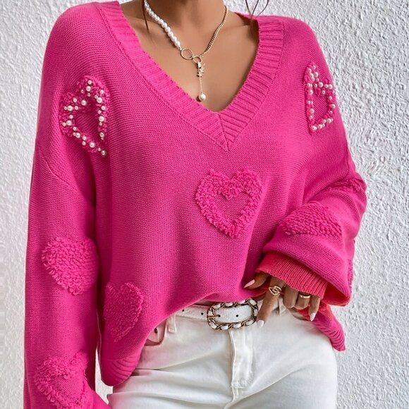 . Sweaters - Pink Casual Womens Pearls Heart Detail V-neck Drop Shoulder Sweater
